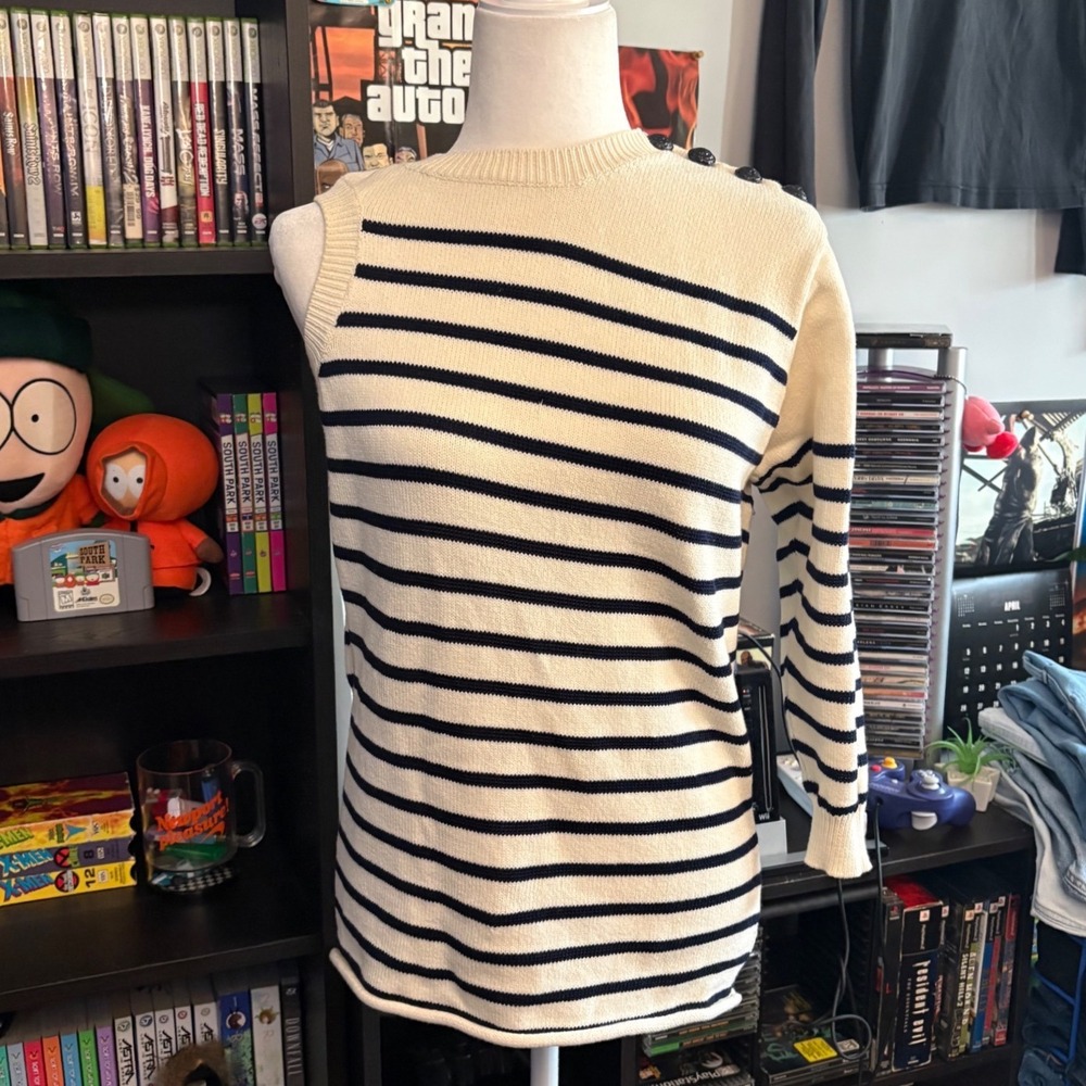 Zadig & Voltaire Defile 2019 Asymmetrical Striped Knit Top Cream Navy Button S